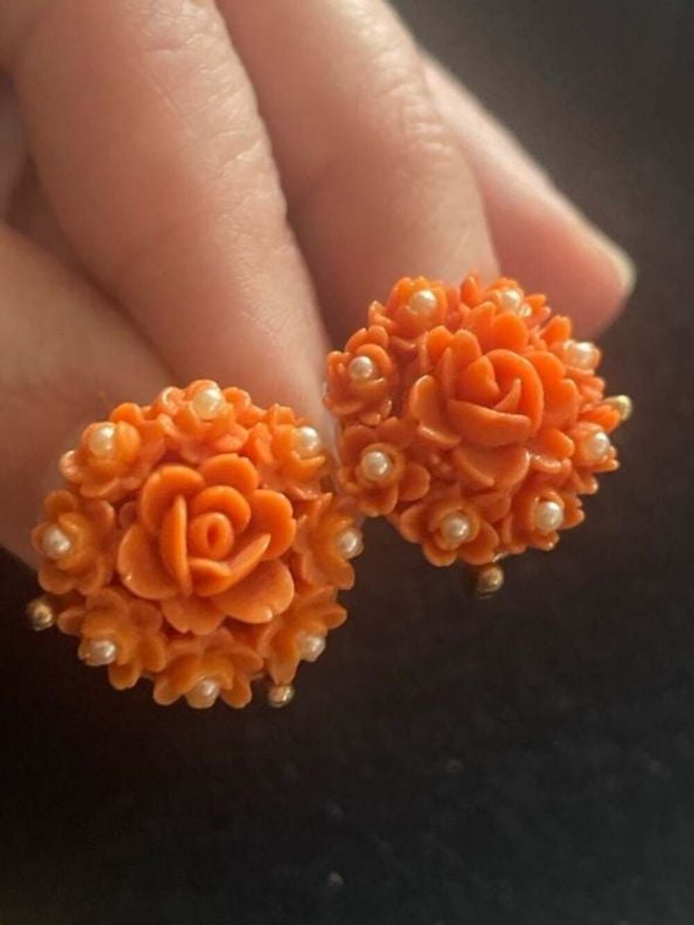 Vintage 1950s Coro Faux Coral Celluloid Rose and Seed Pearl Screw Back Earrings